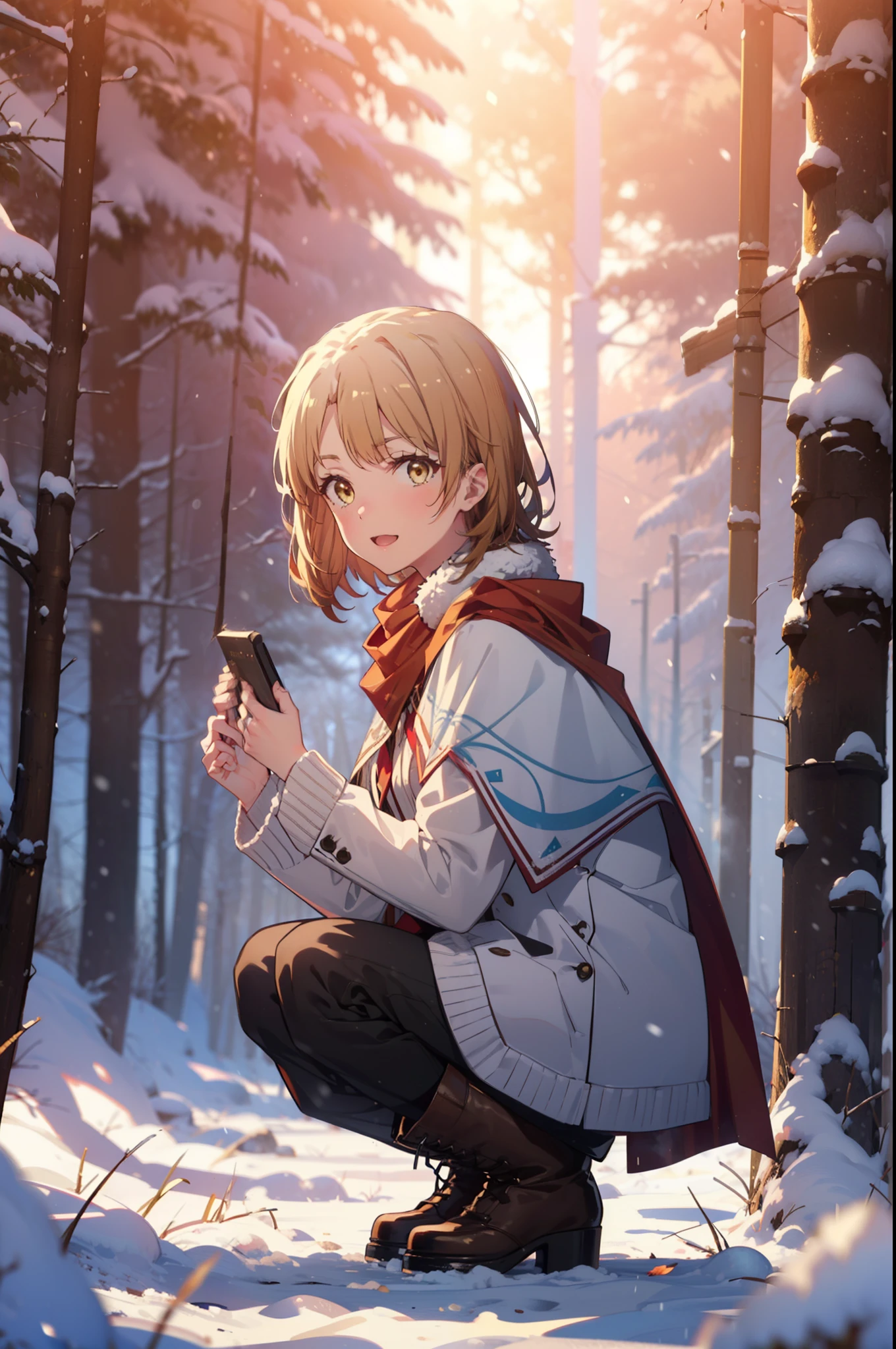 irohaisshiki, Iroha Isshiki, short hair, Brown Hair, (Brown eyes:1.5), smile,
Open your mouth,snow, Ground bonfire, Outdoor, boots, snowing, From the side, wood, suitcase, Cape, Blurred, forest, nature, Brown eyes, Red Handbag, Squat, Mouth closed, Cape, winter, Written boundary depth, Black shoes, red Cape break looking at viewer, Upper Body, whole body, break Outdoor, forest, nature, break (masterpiece:1.2), highest quality, High resolution, unity 8k wallpaper, (shape:0.8), (Beautiful and beautiful eyes:1.6), Highly detailed face, Perfect lighting, Extremely detailed CG, (Perfect hands, Perfect Anatomy),