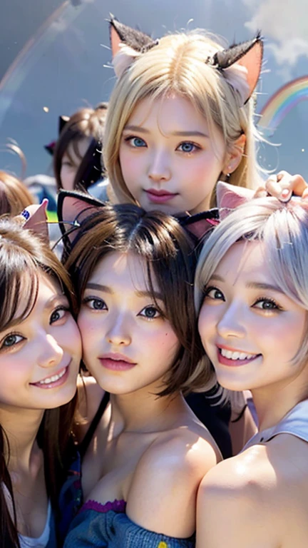 masterpiece, 4K, Bokeh, Beautiful Face, Harem, (Multiple Girls:1.4), (Group photo:1.5), (Cat ear:1.3), (white bob hair:1.3) , Looking at the audience, Cowboy Shot, With many cats in his arms, (bibid rainbow background :1.4), Sleeveless shirt、Off the shoulder、close
