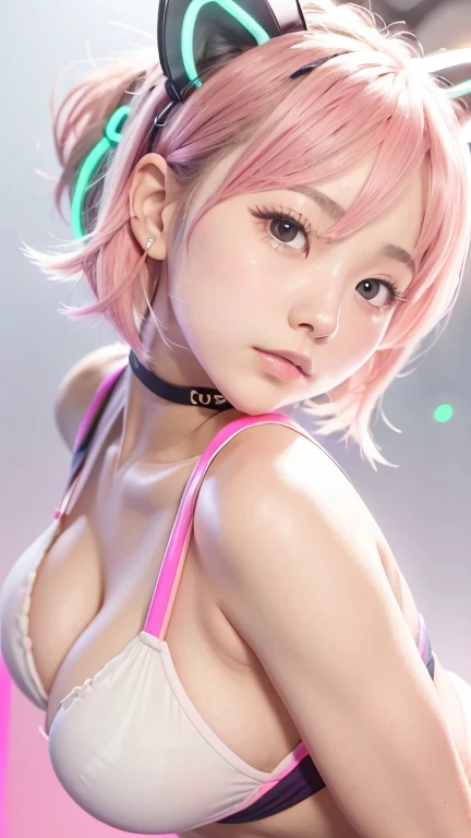 masterpiece, highest quality, Realistic, 4K, Bokeh, Awareness-raising, Active smile、(1 perfect portrait of a girl), (A fascinating eye for perfect detail), Colorful Hair, (Gradient Hair), (Neon pink hair:1.6), (Cat ear:1.2), Slim and tall figure, Fantasy Background, Exposed bare shoulders, Sexy clavicle、Long-term alienation sleeve, Lean forward slightly, If you look up, hair ornaments , tilt your head slightly, , Cinema Lighting, Larger clothes, ((Seductive pose)), (neon pink background:1.6), close,