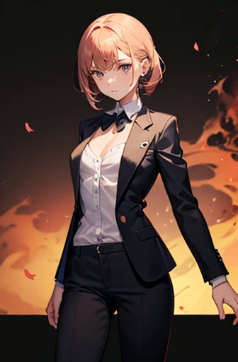 A girl is wearing suits. Small bust, Skinny body