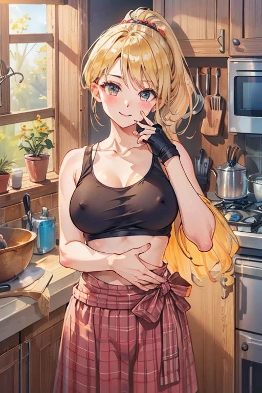(masterpiece, highest quality:1.2), Cowboy Shot, alone, One girl, Piper, smile, View your viewers, (Put your hand on your cheek:1.2), Blonde, ponytail, Rough Chest Tank Top、Nipples、Fingerless gloves, kitchen