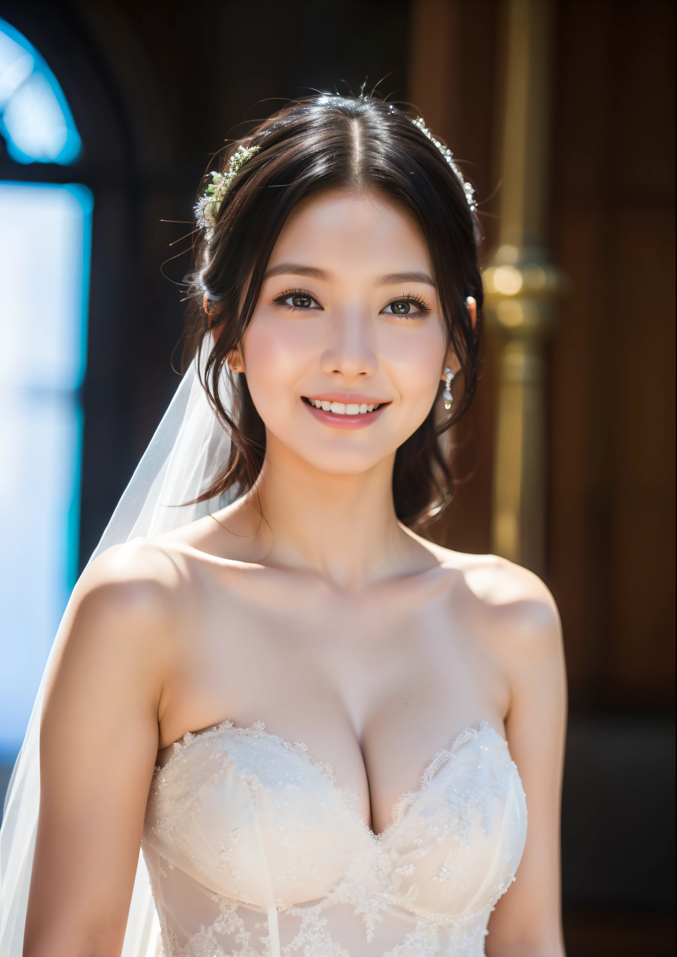 Beautiful 25 year old woman。She is wearing a summer wedding dress. She is shying and smiling on illuminated by the evening church lights . her black hair. High resolution、masterpiece、highest quality、頭w:1.0、((Hasselblad Photos))、fine skin、(movie lighting)、clavicle . full body picture.
