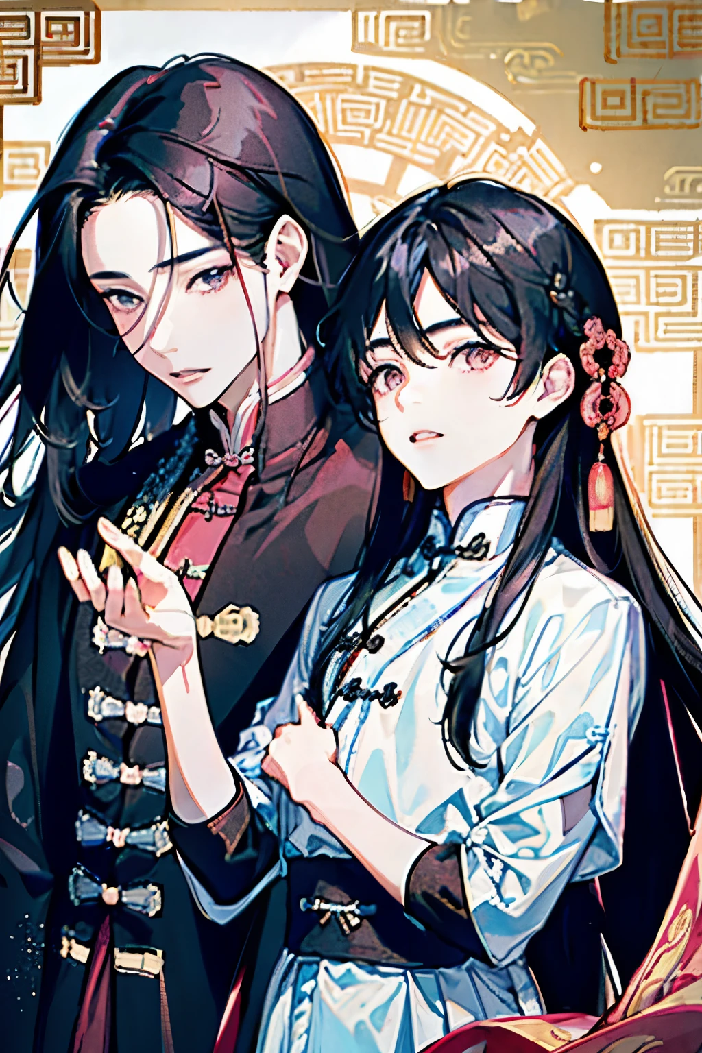 ((Two young men around 18 years old)),(Black Hair:1.3),(Long Hair:1.3),(Ancient Chinese style long-skirted scholar-like clothing:1.5),(Pink and white and yellow and light blue),((Close-up of face:1.1))