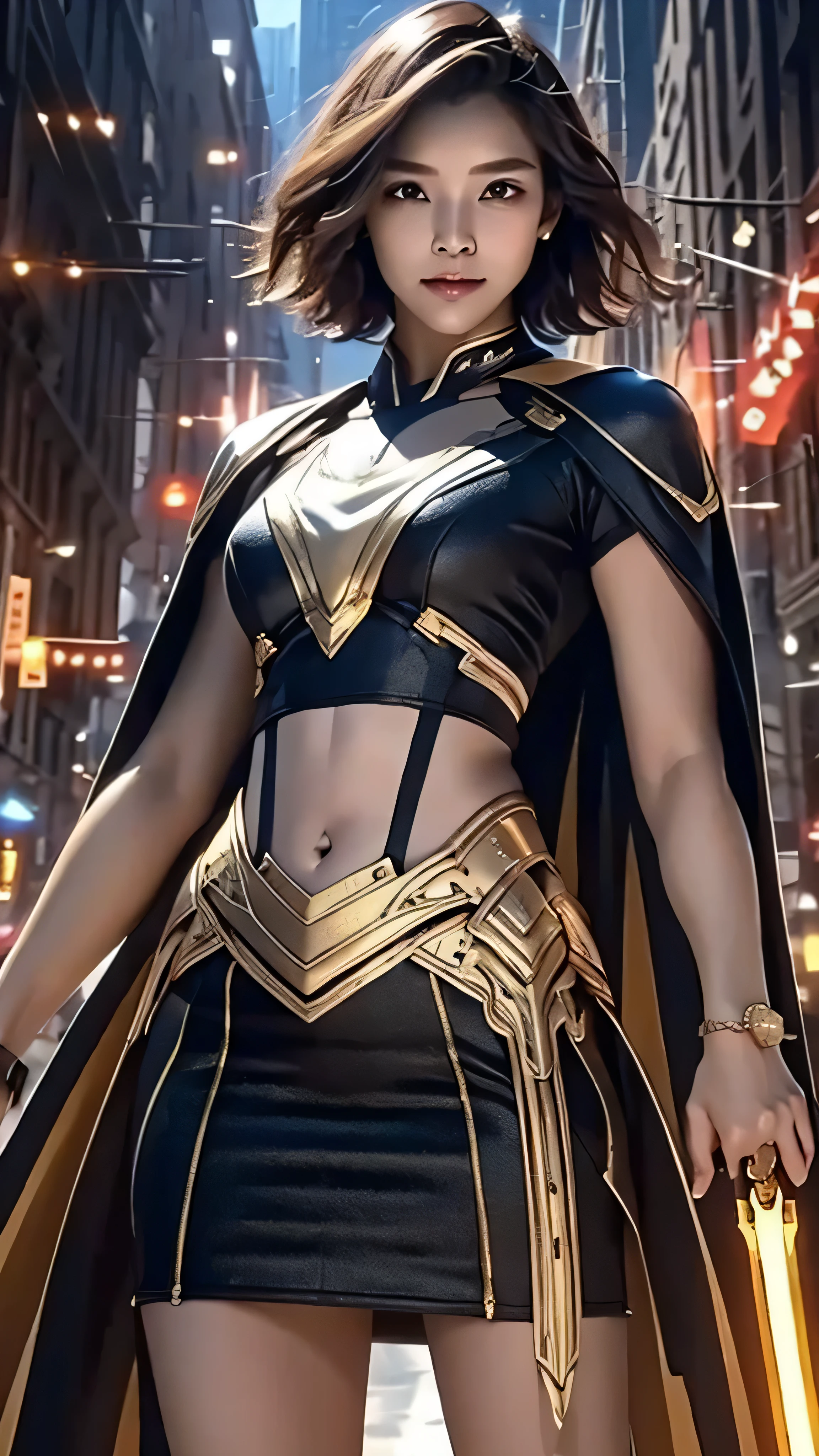 8K, Ultra Realistic CG K, Realistic:1.4, Skin Texture:1.4, Masterpiece:1.4, Beautiful woman in hero's costume standing in front of apocalyptic fire city posing behind, Female hero appears, Laser gun in right hand, gold short hair beauty, Glowing sword in left hand, Flat stomach showing, Red mini skirt Beautiful, thin hands, cape,