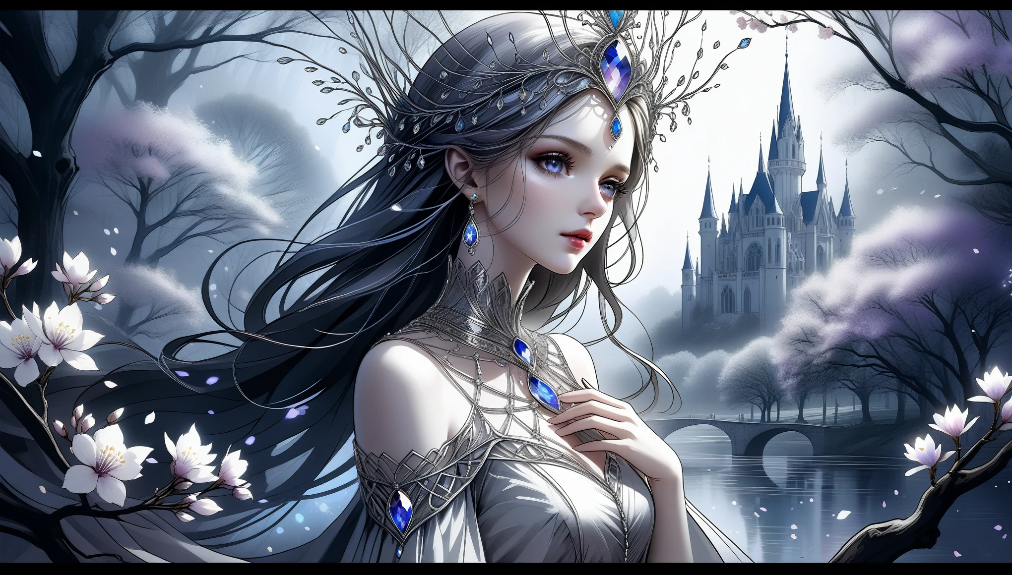 (pencil_sketch:1.2, Messy lines, Grayscale, traditional media, sketch),(Full body portrait:1.5), (Telephoto design:1.5), Fairy Queen, High-class Elf Noble Clothing, proudly, Shy, bell, Triple Crown, Glowing White pupils, Eyes look toward the center of focus, Wrapped in lavender metallic canvas, Exudes a dark fantasy and atmosphere, Intricate and exquisite details, Highlight fine strokes, Dark, rich color palette, Black, Red, White, blue, Added to enhance the overall atmosphere, Beautiful details shine, Smooth and flawless, Through double exposure technique, Hauntingly beautiful mist shrouds the landscape, Delicate crystal structure sparkles, Ethereal Light, Soft light pink cherry blossoms, Exquisite carpet flooring, Fiber optic thin fibers increase touch, Complex and mysterious, nose blushing, Rococo style, High Detail, Concept Art, Ultra HD, Anatomically correct, Super Detail, best quality, 8k