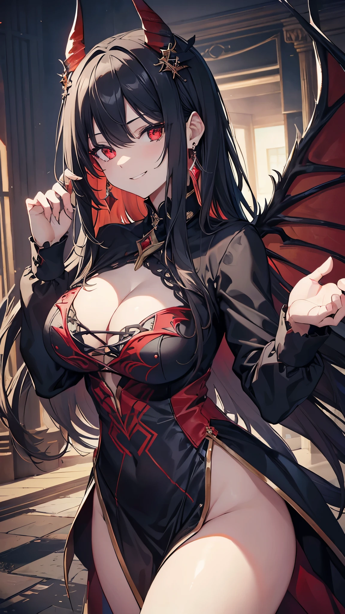 (best quality,very detailed,mackerel:1.2), 1 person,black hair,dark red eyes (darkred eyes:1.1),dark aura(aura:1.1),(occult,haunting:1.1) flame,Looks like half devil,(demonic traits,demonic traits),(elaborate,fancy) earring,(dark,royal:1.1),devil horns, black devil wings, slutty, big bust, naked, evil, race, Smiling, canine, Tight, Pretty hands