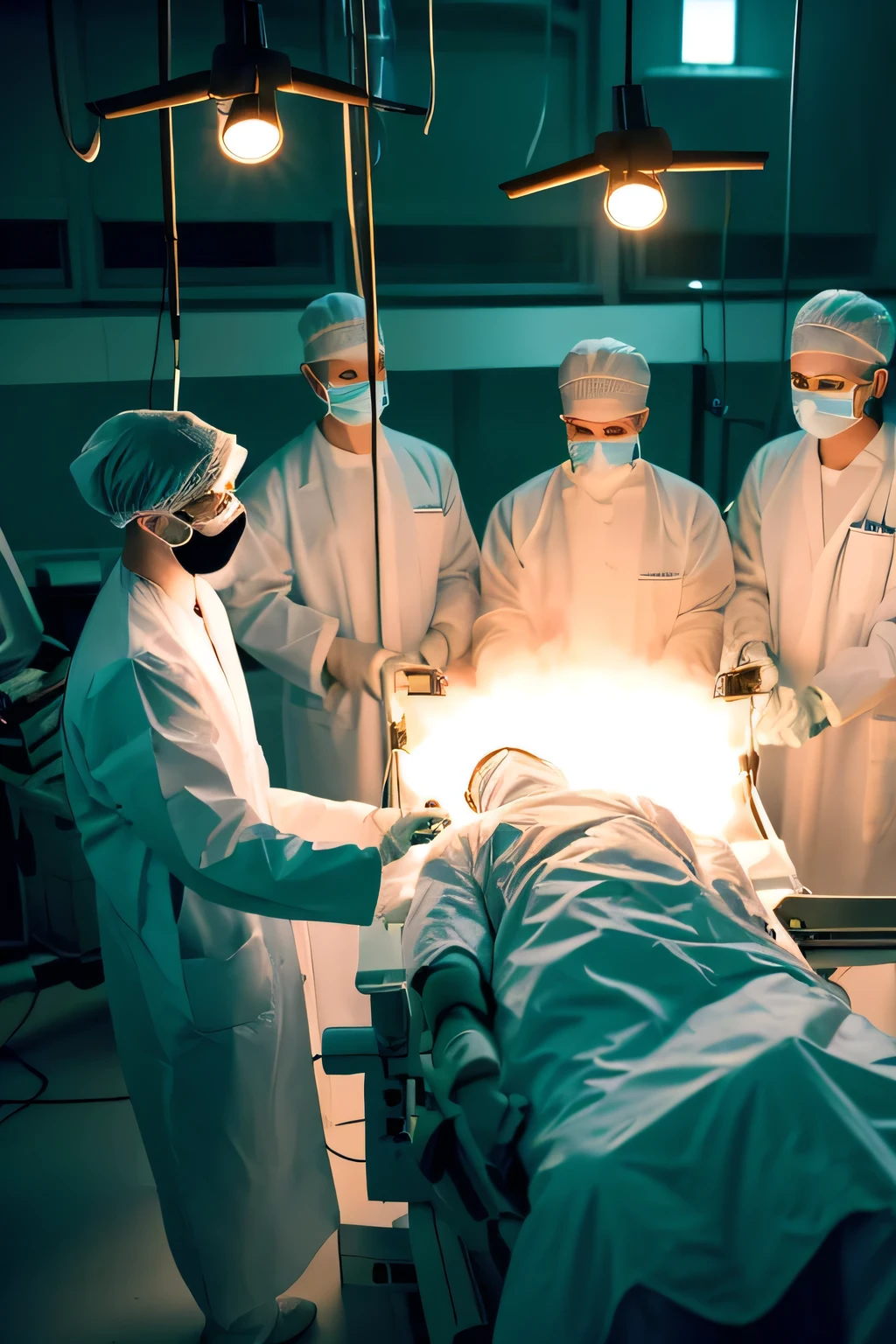 Title: Aerial View of Surgeons in Operation: Eerie Atmosphere Description: Generate an image portraying an aerial perspective of men in white coats performing surgery in a dimly lit environment. The scene should depict a surgical theater with a somber ambiance, characterized by subdued lighting casting shadows across the room. From the overhead view, surgeons in their white coats should be seen gathered around the operating table, deeply engrossed in the surgical procedure. The surgical team's focused expressions should be illuminated by the glow of surgical lights, highlighting their precision and concentration. The overall mood should evoke a sense of intensity and solemnity, as the medical professionals work diligently in the dimly lit operating room.