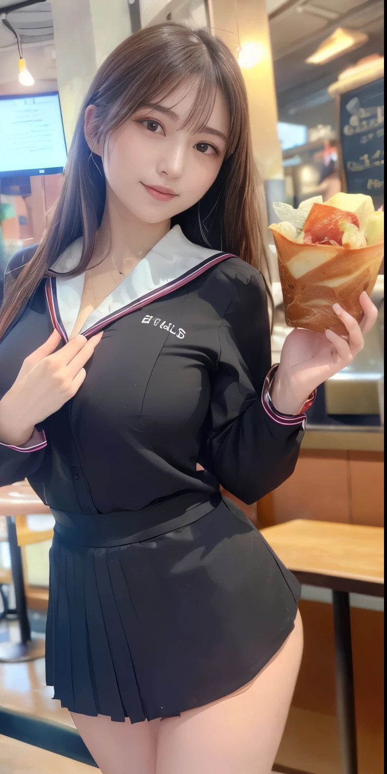 best masterpiece、highest quality、shape、Super detailed、High resolution、8K wallpaper、Perfect dynamic shape、beautiful and detailed eyes、natural color lip, Random sexy pose,very kind smile、17 year old girl、cute、expensive、(highest quality:1.3)、(masterpiece:1.3)、(The Super detailed:1.3)、(wallpaper, one girl:1.1)、(delicate hands and fingers:1.2)、(Detailed super oily shiny skin:1.1)、Beautiful and glossy thighs、(White polo shirt、White pleated mini skirt:1.7)、(big breasts that hang down and firm:1.4)、slender body shape、brown hair head、(stable expression:1.5)、((Semi-long random hairstyle:1.3))、beautiful sister、(Model standing pose from the front:1.4)、sexy pose、(((Paris city cafeteria background:1.6)))、((Beautiful big breasts with firmness:1.5))、(beautiful double eyelids:1.3)、look at the camera、Pelvic expanse、perfect lighting、