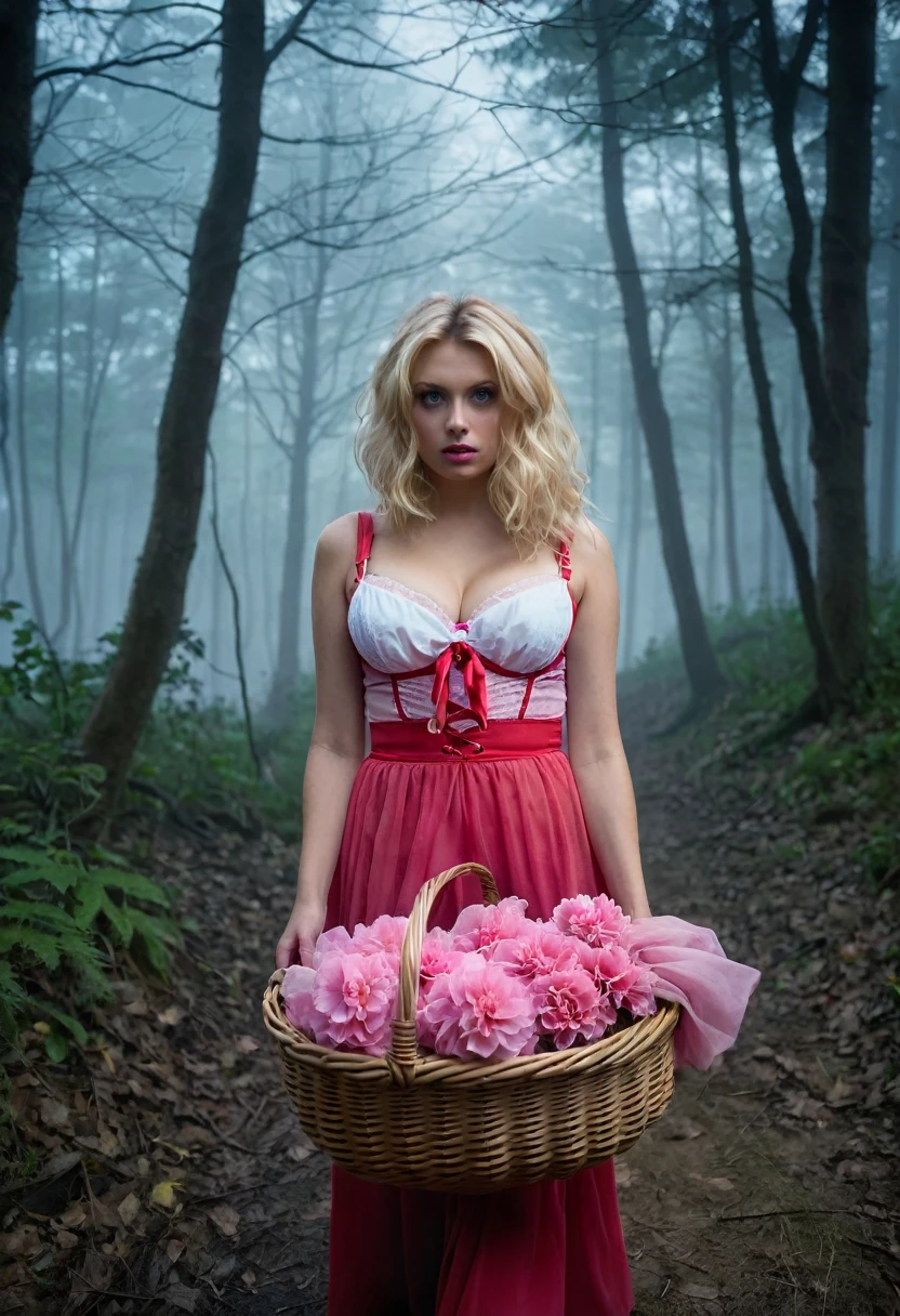 Eerie Fairytale Forest:

Subject: A blonde 36dd bra woman (22) with messy hair, cosplaying a pink Little Red Riding Hood with a determined look, walks through a misty forest at dusk, holding a basket filled with glowing pink flowers. Strange creatures in pink costumes peek from behind trees.
Technical: High-resolution camera (e.g., Hasselblad H6D-100c), wide-angle lens (e.g., 50mm), focus on the woman and the basket, soft, diffused twilight light with mist emphasizing the mysterious atmosphere, hint of an ominous creature in the background.