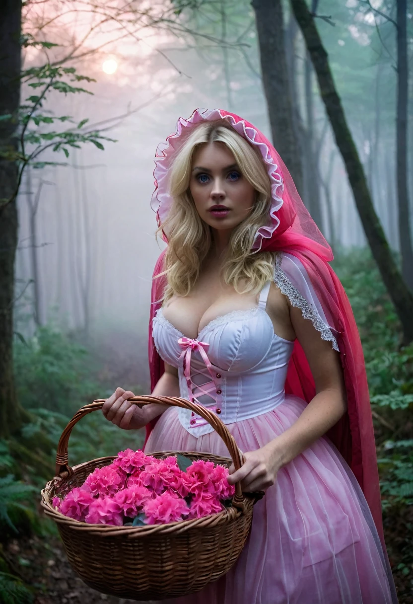 Eerie Fairytale Forest:
Subject: A blonde 36dd bra woman (22) with messy hair, cosplaying a pink Little Red Riding Hood with a determined look, walks through a misty forest at dusk, holding a basket filled with glowing pink flowers. Strange creatures in pink costumes peek from behind trees.
Technical: High-resolution camera (e.g., Hasselblad H6D-100c), wide-angle lens (e.g., 50mm), focus on the woman and the basket, soft, diffused twilight light with mist emphasizing the mysterious atmosphere, hint of an ominous creature in the background.