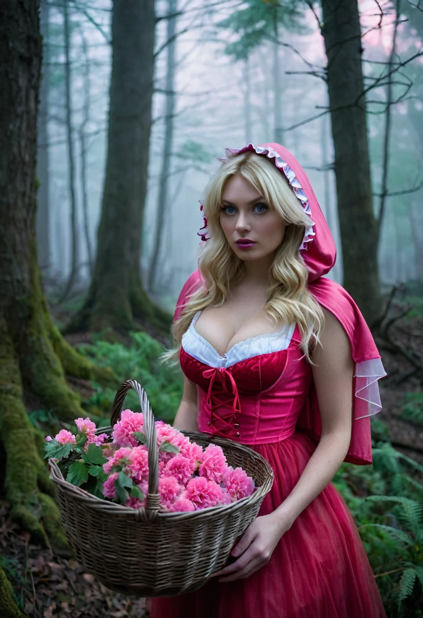 Eerie Fairytale Forest:
Subject: A blonde 36dd bra woman (22) with messy hair, cosplaying a pink Little Red Riding Hood with a determined look, walks through a misty forest at dusk, holding a basket filled with glowing pink flowers. Strange creatures in pink costumes peek from behind trees.
Technical: High-resolution camera (e.g., Hasselblad H6D-100c), wide-angle lens (e.g., 50mm), focus on the woman and the basket, soft, diffused twilight light with mist emphasizing the mysterious atmosphere, hint of an ominous creature in the background.