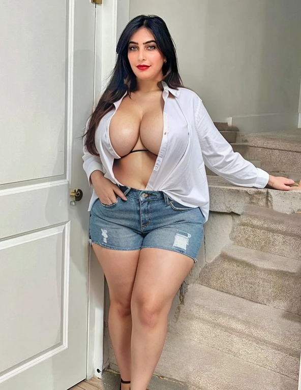 Button up shirt, curvy body, cleavage