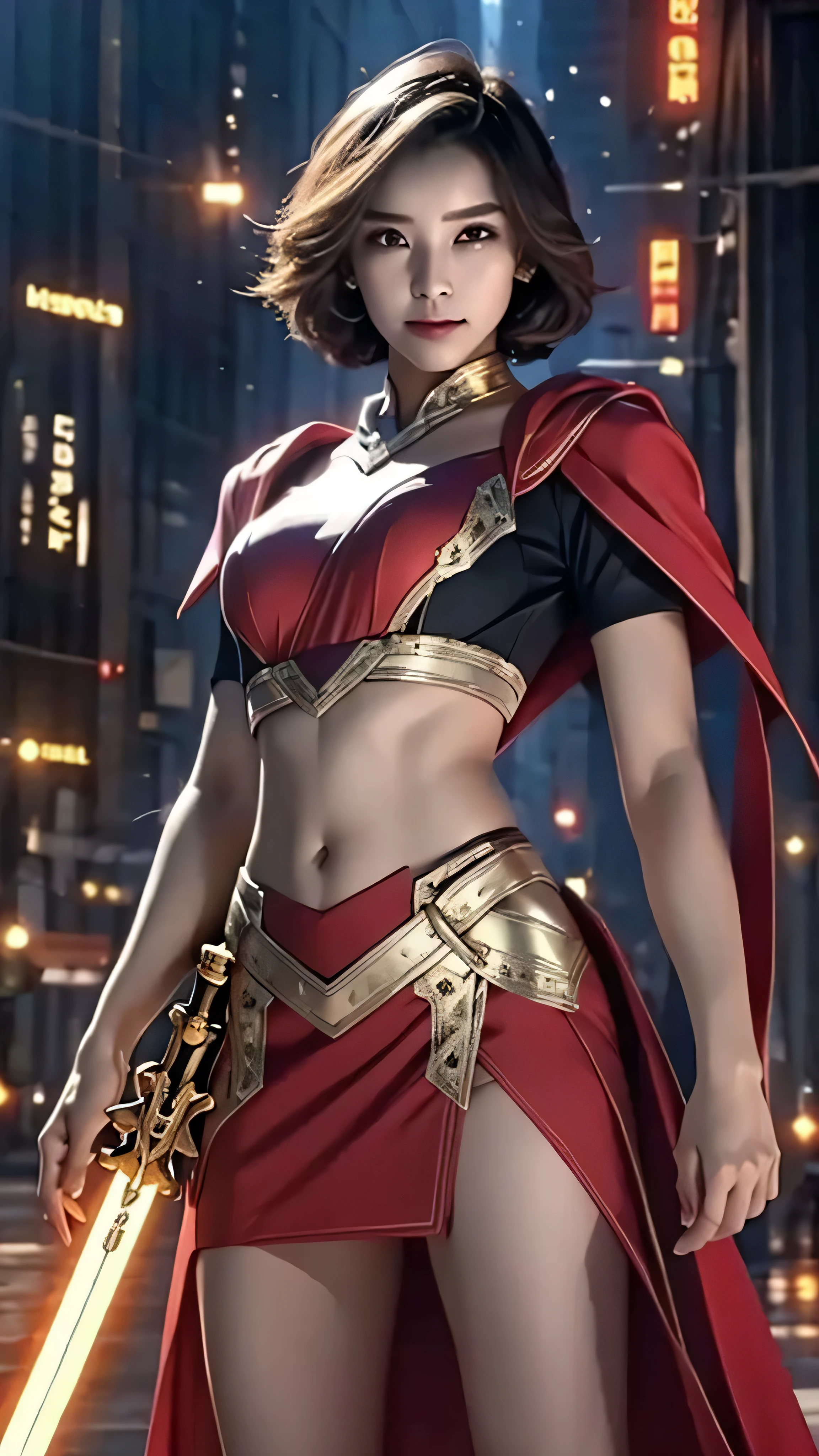 8K, Ultra Realistic CG K, Realistic:1.4, Skin Texture:1.4, Masterpiece:1.4, Beautiful woman in hero's costume standing in front of apocalyptic fire city posing behind, Female hero appears, Laser gun in right hand, gold short hair beauty, Glowing sword in left hand, Flat stomach showing, Red mini skirt Beautiful, thin hands, cape,