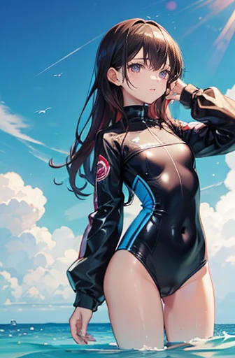 A girl is wearing water-suit. Small bust, Skinny body