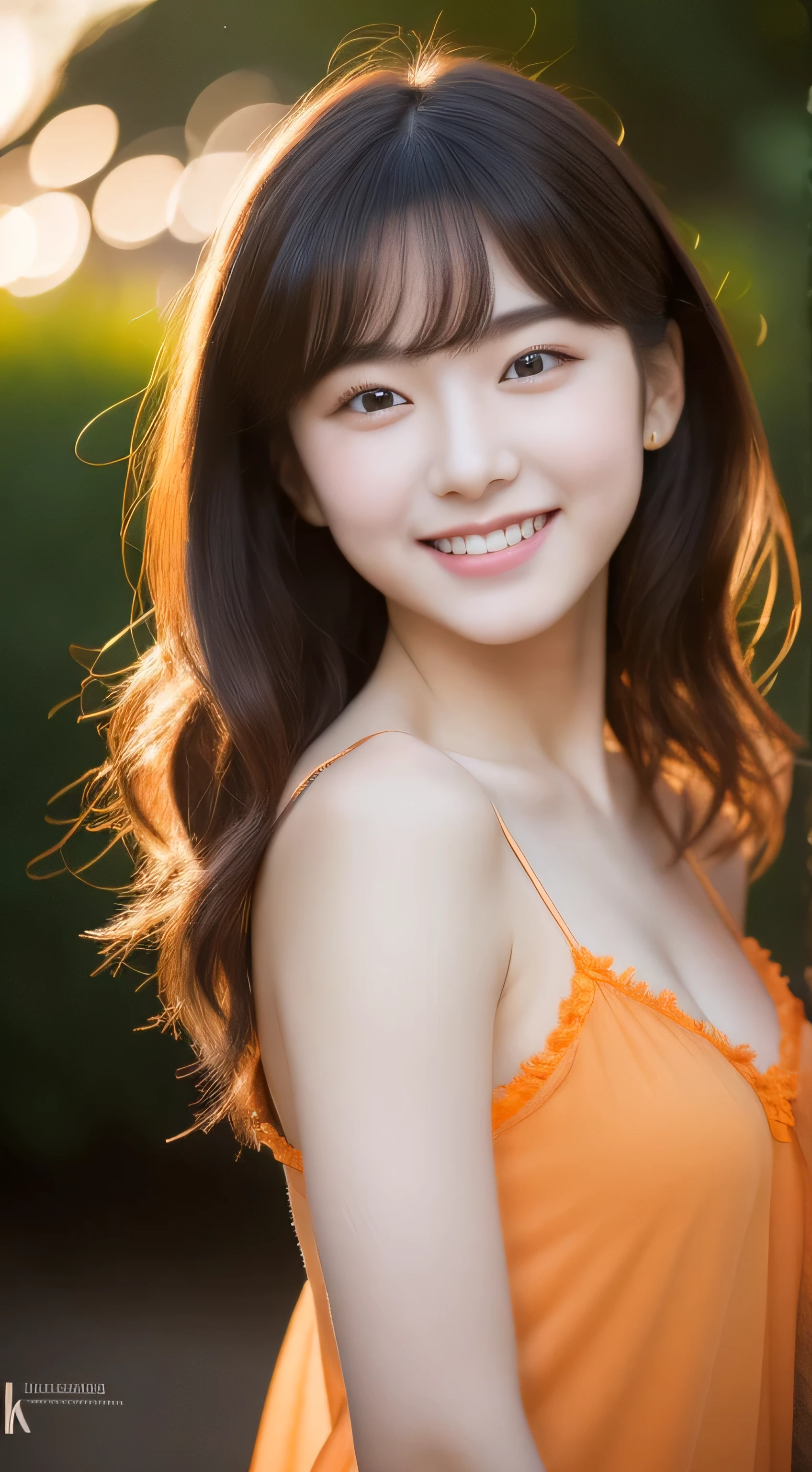 (original photography), (realism), (masterpiece), (top quality), high resolution, 16k resolution, 1 cute real photo of Korean stars,18 years old,medium hair,White skin, Light makeup, Bust 32 inches, Smile, Wearing an orange camisole, In the Japanese Garden, Sunset lights, Close-up portrait, Ultra HD