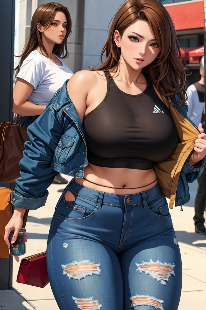 masterpiece,high resolution,ultra detailed,light brown hair,cleavage,(crop top shirt,torn pants),jacket,aggressive adult female,