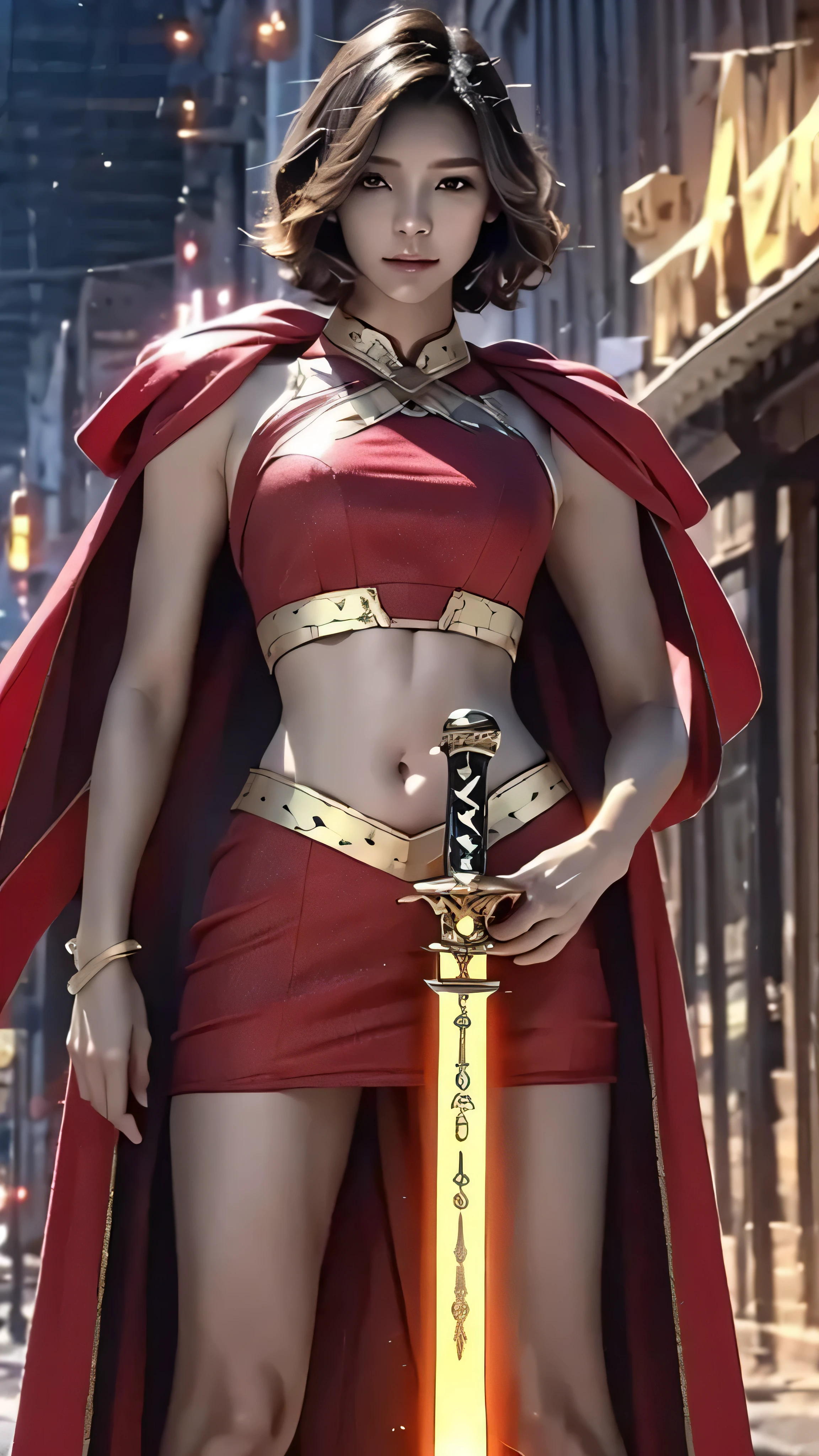 8K, Ultra Realistic CG K, Realistic:1.4, Skin Texture:1.4, Masterpiece:1.4, Beautiful woman in hero's costume standing in front of apocalyptic fire city posing behind, Female hero appears, gold short hair beauty, Glowing sword in left hand, Flat stomach showing, Red mini skirt Beautiful, thin hands, cape,