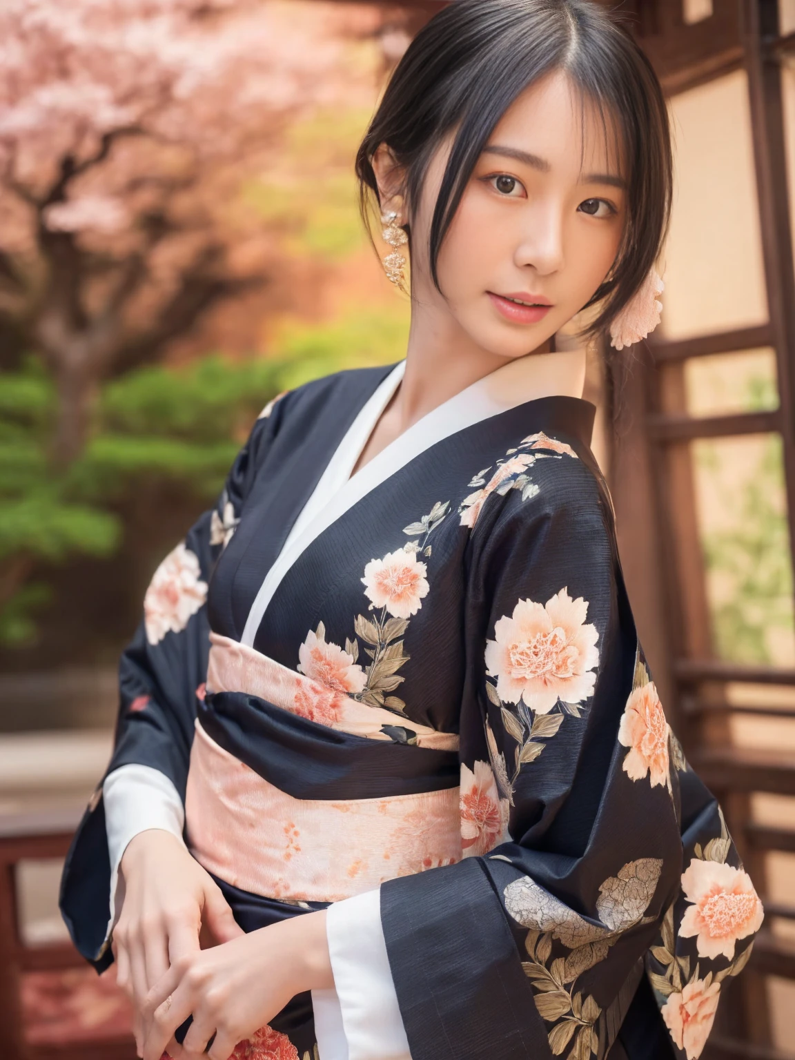 (((highest quality、masterpiece、Very high resolution、Highly detailed images)))、Beauty Painting,Beautiful and beautiful woman、Black Hair、Best skin and hair texture、Beautiful Japanese Kimono:Japanese Pattern、Overall image、Accurate Images、Accurate anatomy、Flawless images,Perfect image,Overall image,(Best Shot,RAW Photos:1.2)
