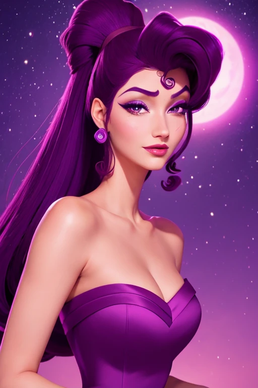 La morena Megara con un vestido griego morado, enfoque facial, hermoso retrato, detailed facial expression, mejor calidad, arte oficial, en la noche luz de fondo romantice, ojos brillantes, style of disney animation., mejor calidad, arte digital, 2d