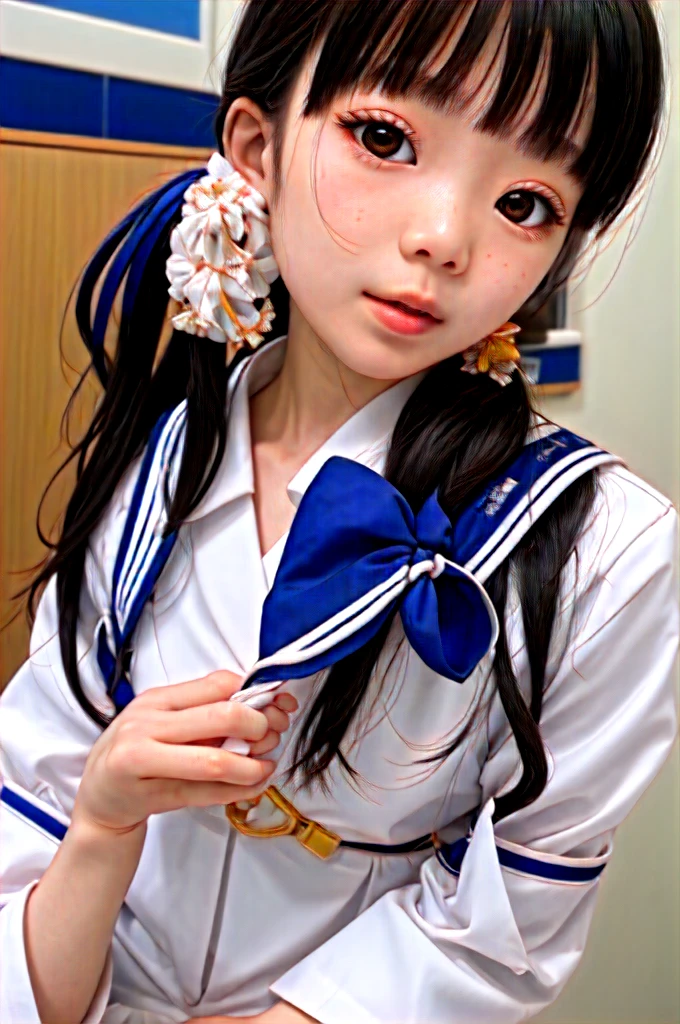 Shirase Fuku,Sailor Suit, White Theme,, Sailor Suit, Looking at the audience,  crazy, Messy long hair, Beautiful and delicate eyes,Hair Glow,dramaticangle,classroom,Blue sailor collar, 

HDR, (Photorealism, Masterpiece quality, best quality), , Pure face_V1,ulzzang-6500-V1.1,