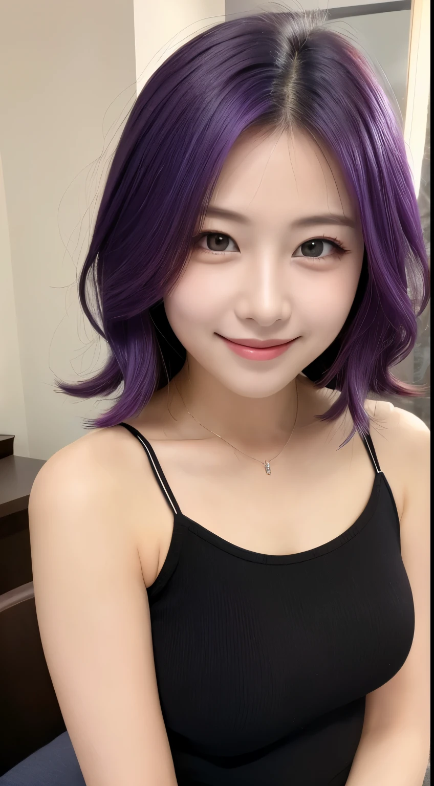 最high quality, high quality, pretty girl, alone, beautiful purple hair, Beautiful purple eyes, A light smile,