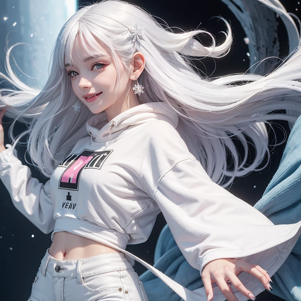 1. Beautiful woman, sweet smile, white hair, black eyes, White skin, Pink mouth, Wear snowflake earrings, Black long-sleeved coat, floating waist, White sweatshirt, jeans, Blue sneakers.
