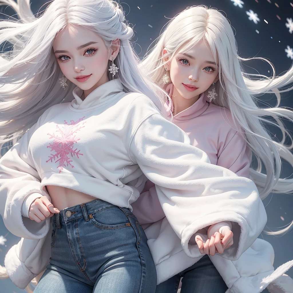 1. Beautiful woman, sweet smile, white hair, black eyes, White skin, Pink mouth, Wear snowflake earrings, Black long-sleeved coat, floating waist, White sweatshirt, jeans, Blue sneakers.