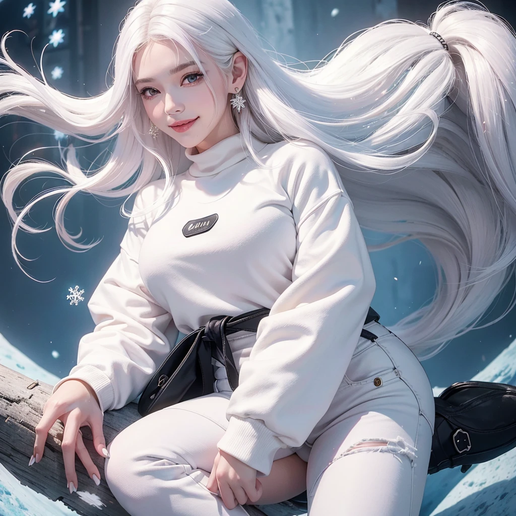 1. Beautiful woman, sweet smile, white hair, black eyes, White skin, Pink mouth, Wear snowflake earrings, Black long-sleeved coat, floating waist, White sweatshirt, jeans, Blue sneakers.