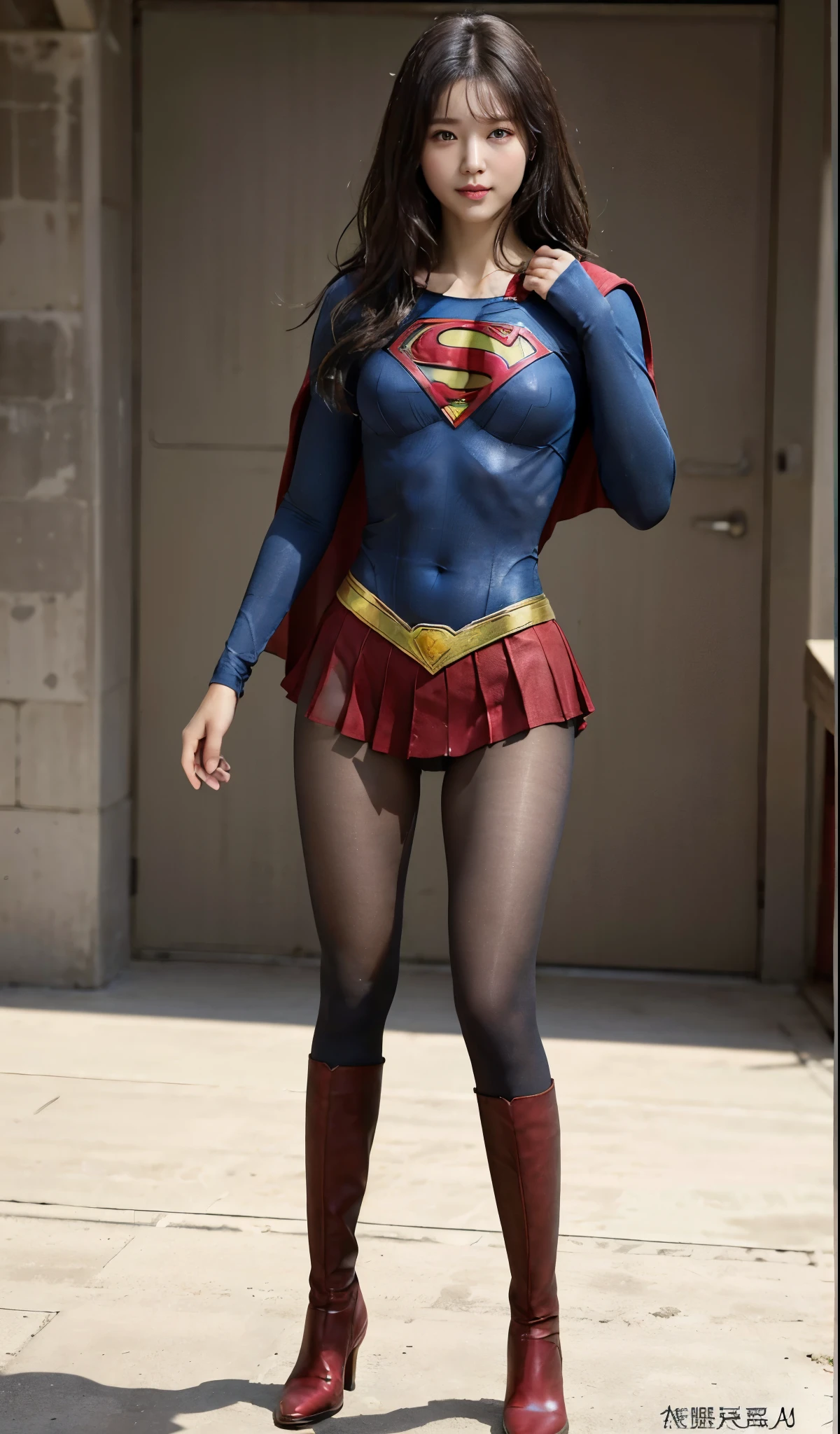 No background、(((Beautiful legs in black tights.)))、(((Legally express the beauty of your smile)))、((((Make the most of your original images)))、(((Supergirl Costume)))、(((Beautiful Hair)))、(((suffering)))、(((Please wear black tights....、Wear red boots)))、((Best image quality、8k))、((highest quality、8k、masterpiece:1.3))、(((Preserve background )))、Sharp focus:1.2、Beautiful woman with perfect figure:1.4、Slim Abs:1.2、Wet body:1.5、Highly detailed face and skin texture、8k