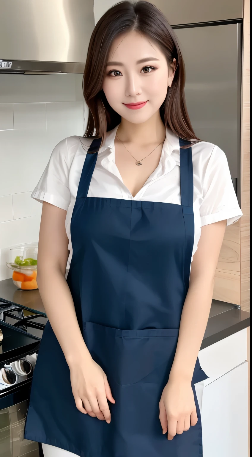 (highest quality, 8k, masterpiece: 1.3), Beautiful woman with perfect figure: 1.2, Dark brown hair, Wearing a pendant, Wearing an apron, In the kitchen, Highly detailed face and skin, Beautiful Eyes, double eyelid,