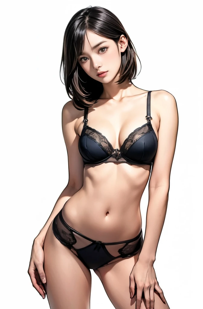 1 Girl、Black Bob Hair、Embarrassed look、Boyish handsome girl standing with her hands behind her back、slender、Her soft-looking big breasts are about to spill out of her bra.、Sideboob、Healthy thighs、Knee、Anatomically correct、Accurate fingering、Small bra、Small panties、Gorgeous and sexy lingerie、Western Shot、