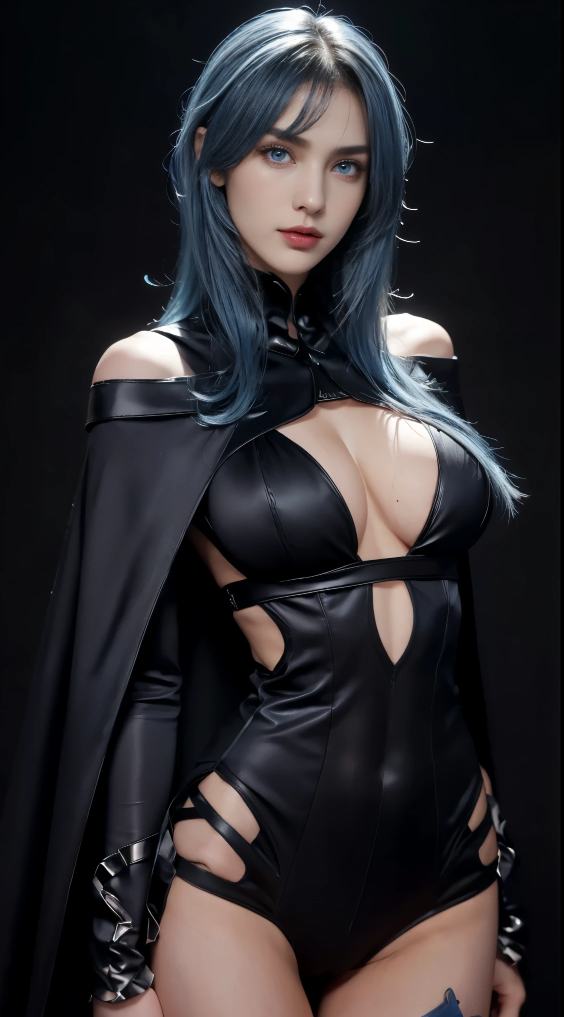 8K, Top Quality, Intricate Details, Ultra Detail, Ultra High Resolution, Masterpiece, close up shot, (full body: 1.1), Slender, Smile, (Makeup: 0.4), (Fluffy blue Eyes: 1.21), (()), 1girl, solo, 1 girl, ((blue hair, bangs)), close up shot, , ((tall)), (((fit body))), (((slim face))), sharp face, (()) ,(detailed face), sharp face, small lips, , , ,
((, )), , ((batman suit, batman mask, black cape)), detailed face, detailed breast, , ((large breast, huge , , Narrow Waist, Skinny, tall , 190 cm tall, Muscular, Navel, Exposed Abdomen, Pointed Chest,, Beautiful girl with accentuated slender abs: 1.4, Six Pack Abs: 1.4, Bust Botox, Big, Perfect Body, detail leg, (( dark background)), black background,