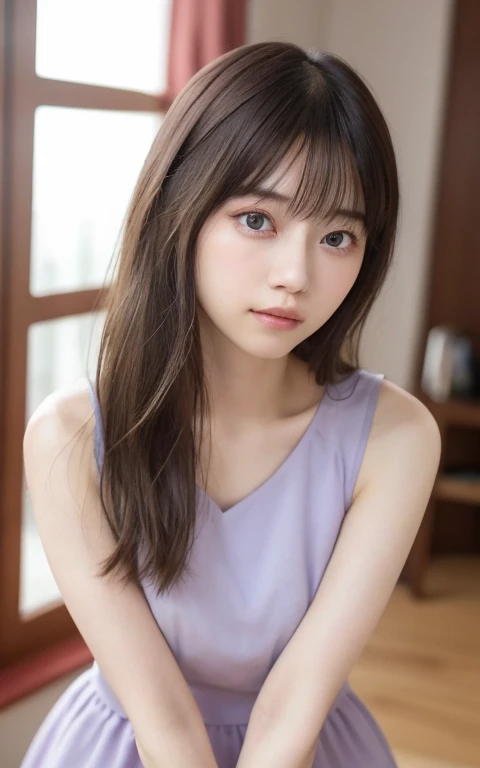 masterpiece, highest quality, 8k,Ultra-high resolution、Head to knee photo、 20th Generation, Large Breasts, cute, alone, Please smile faintly, cute, girly, cute、Delicate girl, Pure beauty, RAW Photos, Professional photography, Soft Light, Professional Lighting, Backlight, avert your eyes, Sophisticated, Film Grain, (Eye and facial details:1.0), Floating Hair、Messy Hair、Wavy long hair、Asymmetrical bangs, Round face、Young Face、(Large Breasts:1.0)、nipple protrusions are clearly visible,、(Grayish lavender dress)、Voluptuous thighs、Translucent white skin、dolly make、(Odd Eye、Heterochromia iridis、golden eye silver eye、The irises of the left and right eyes are different colors)