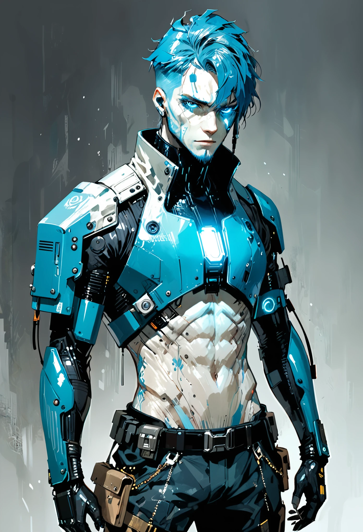 (in style of Ashley Wood:1.4),{in style Harry Clark:0.5},Character concept design,Cyberpunk style male character,Details: glowing dodgerblue eyes,Textured Skin,Gorgeous Clothing