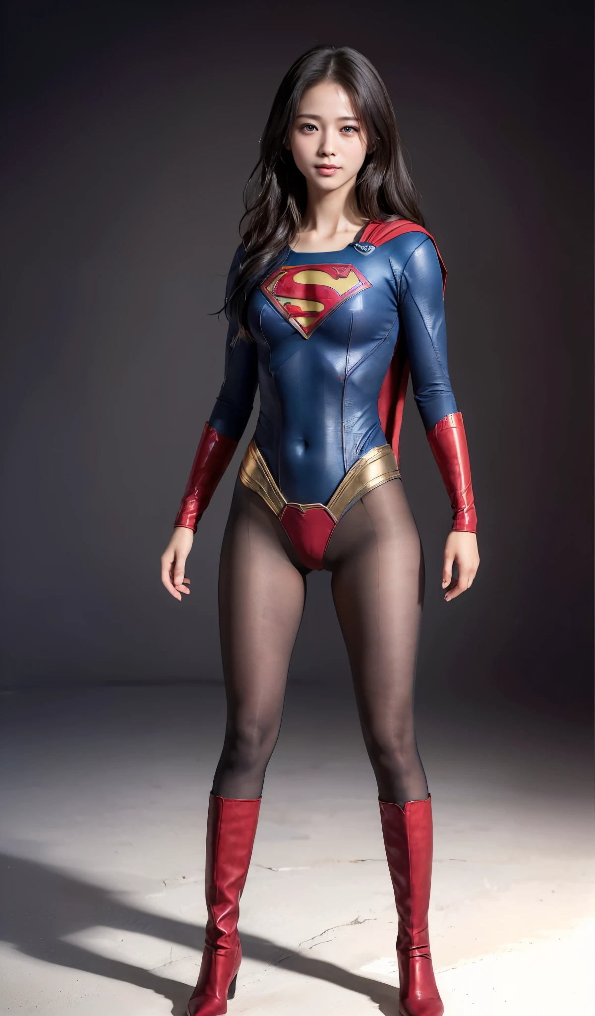 No background、(((Beautiful legs in black tights.)))、(((Legally express the beauty of your smile)))、((((Make the most of your original images)))、(((Supergirl Costume)))、(((Beautiful Hair)))、(((suffering)))、(((Please wear black tights....、Wear red boots)))、((Best image quality、8k))、((highest quality、8k、masterpiece:1.3))、(((Preserve background )))、Sharp focus:1.2、Beautiful woman with perfect figure:1.4、Slim Abs:1.2、Wet body:1.5、Highly detailed face and skin texture、8k