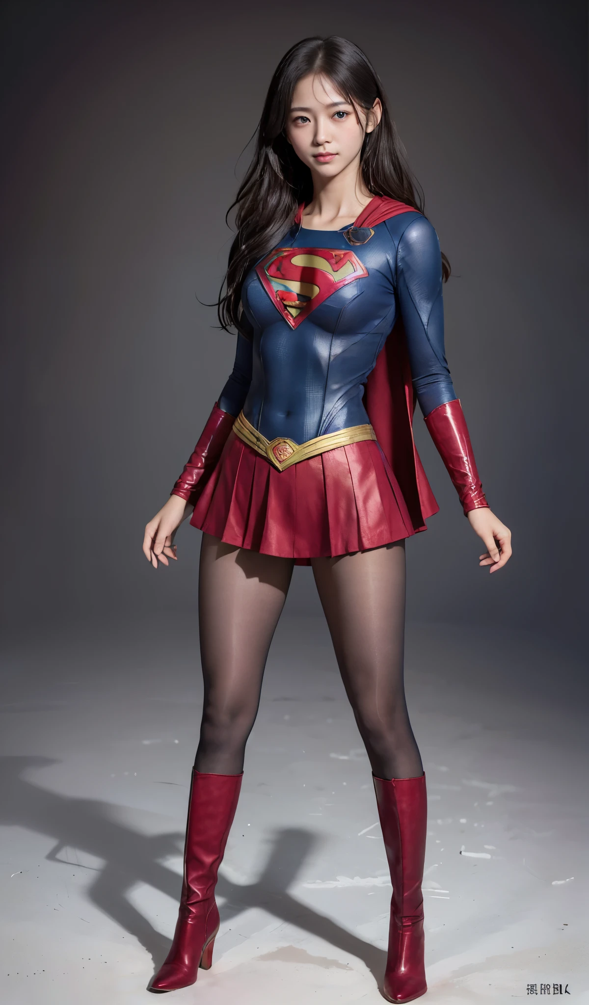 No background、(((Beautiful legs in black tights.)))、(((Legally express the beauty of your smile)))、((((Make the most of your original images)))、(((Supergirl Costume)))、(((Beautiful Hair)))、(((suffering)))、(((Please wear black tights....、Wear red boots)))、((Best image quality、8k))、((highest quality、8k、masterpiece:1.3))、(((Preserve background )))、Sharp focus:1.2、Beautiful woman with perfect figure:1.4、Slim Abs:1.2、Wet body:1.5、Highly detailed face and skin texture、8k