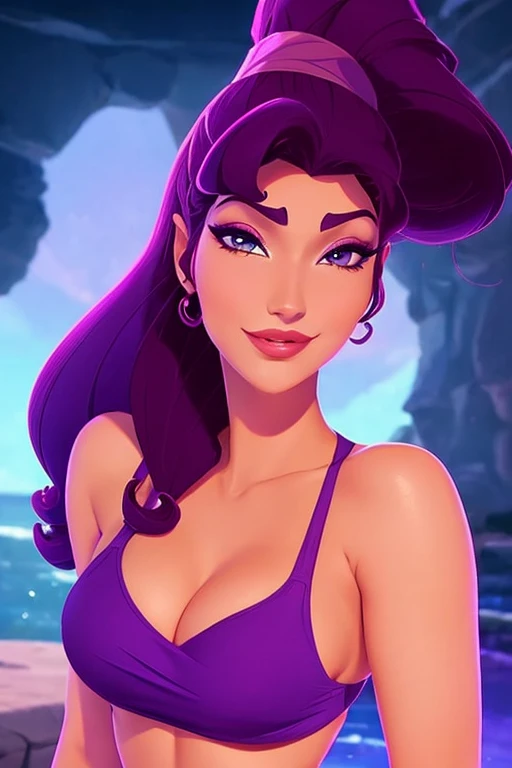 La morena Megara con un bikini morado, enfoque facial, hermoso retrato, detailed facial expression, busto grande, mejor calidad, arte oficial, en la noche luz de fondo romantice, ojos brillantes, style of disney animation., mejor calidad, arte digital, 2d