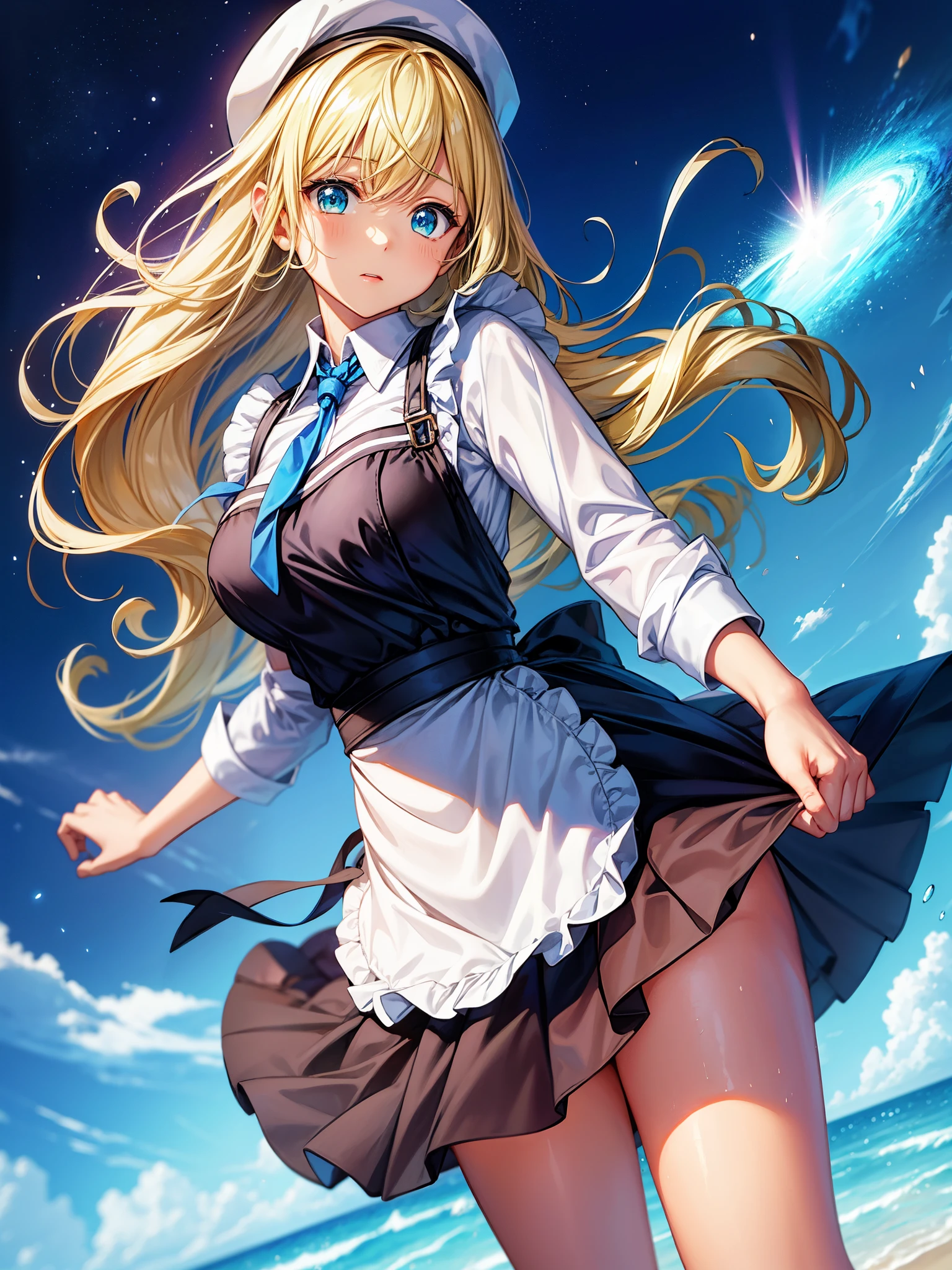 source_anime、highest quality、(solo:1.3)、Diner、White of the eyes、Suduni、mature、Curvaceous、Galaxy Skin、1 girl、bald、mouth no、No ears、Shiny white eyelasheedium breast、hud_wttress、Collared shirt、skirt、neckerchief、garrison cap、apron、Cleavage、、tray、Milkshake 、BREAK score_9、score_8_up、score_7_up、score_6_up、score_5_up、