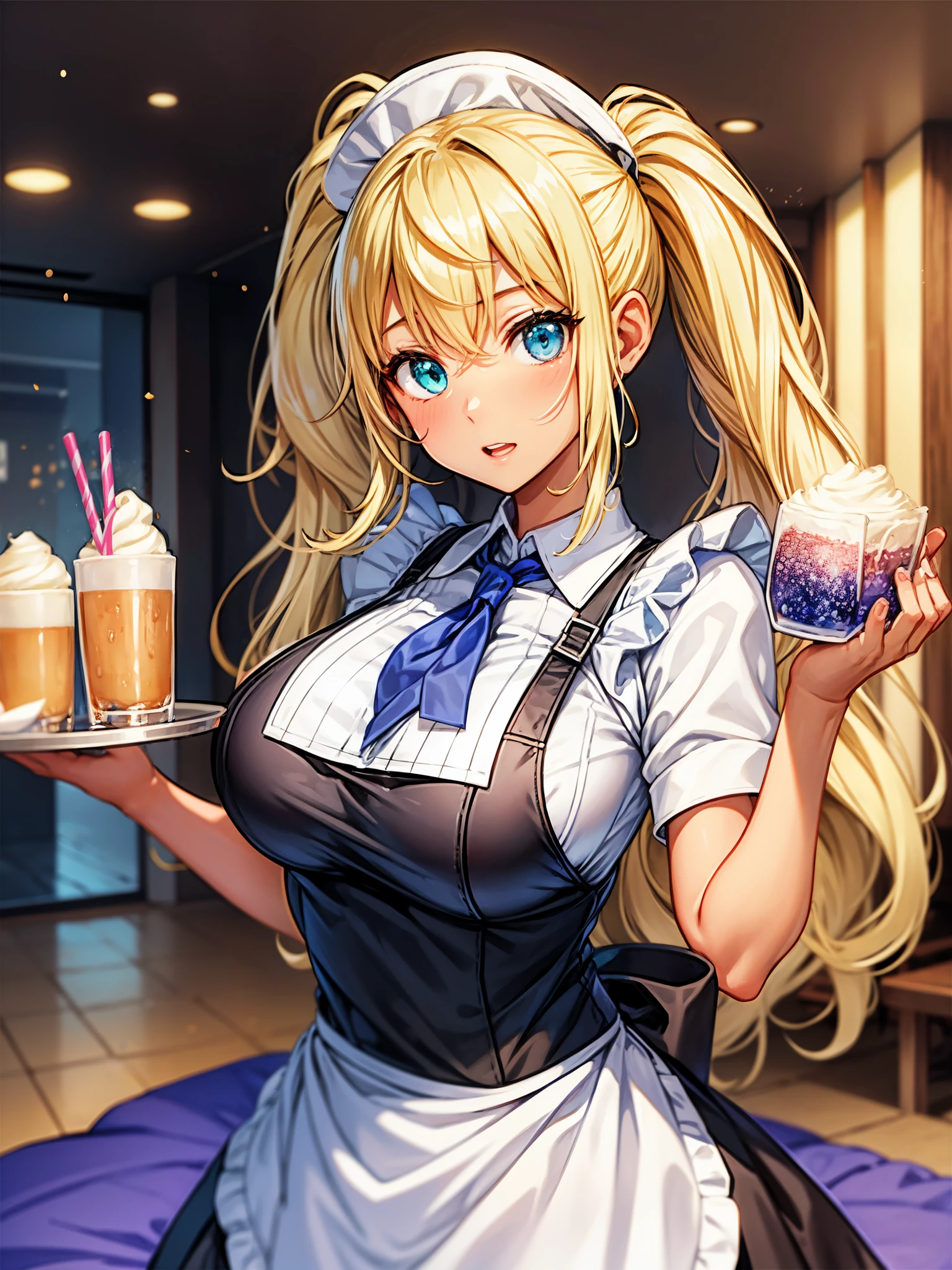 source_anime、highest quality、(solo:1.3)、Diner、White of the eyes、Suduni、mature、Curvaceous、Galaxy Skin、1 girl、bald、mouth no、No ears、Shiny white eyelasheedium breast、hud_wttress、Collared shirt、skirt、neckerchief、garrison cap、apron、Cleavage、、tray、Milkshake 、BREAK score_9、score_8_up、score_7_up、score_6_up、score_5_up、