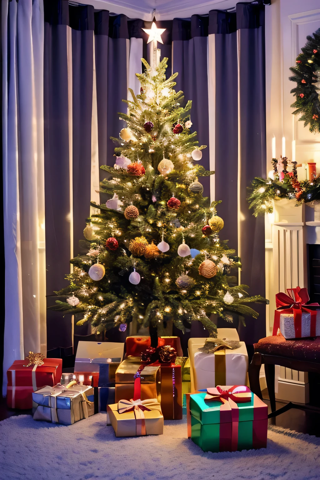Christmas tree with lights and gifts, snow