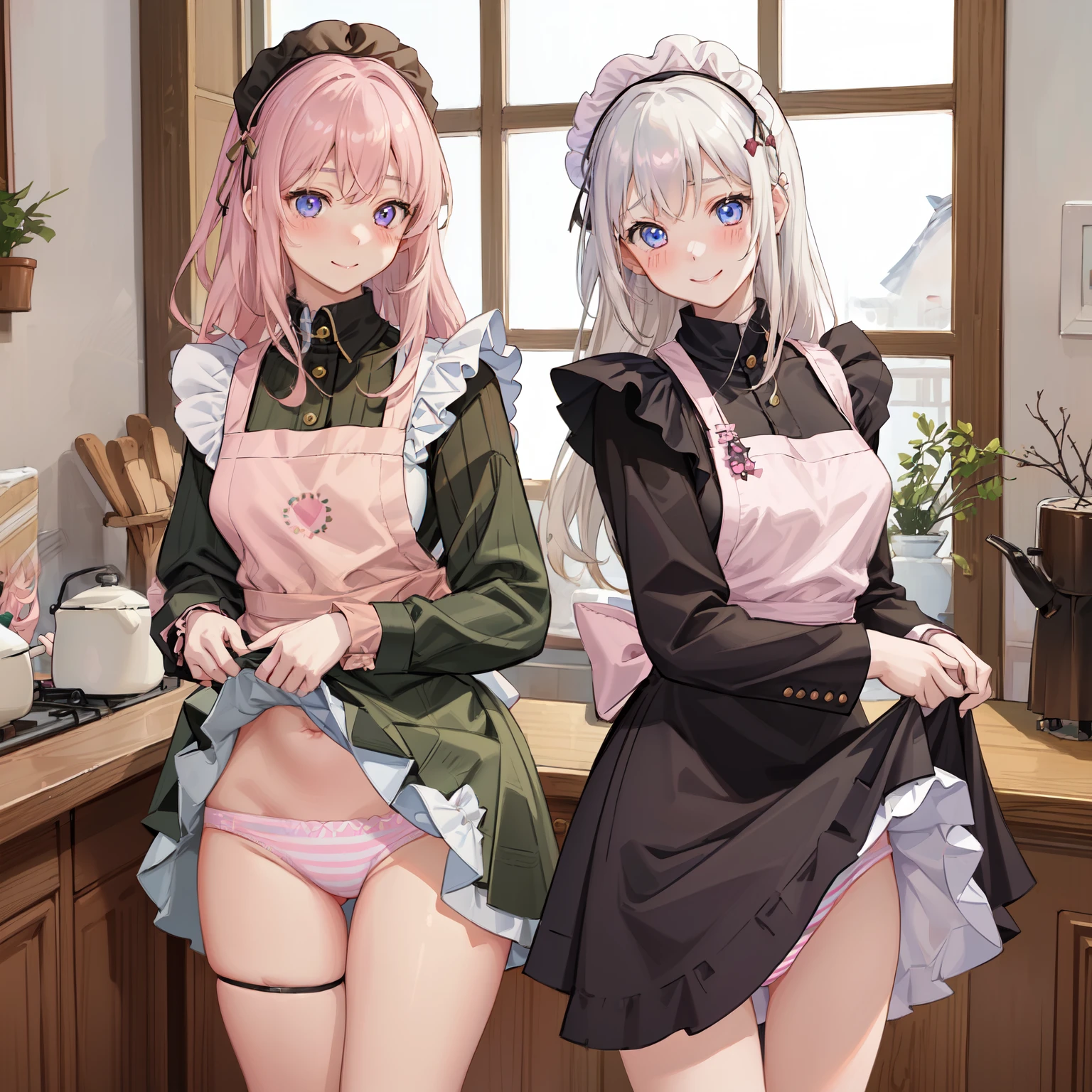 highest quality、masterpiece、((2 girls:1.5))、((smile:1.3))、(blush:1.3)、Black Shirt、blouse、((fun!!))、(Small breasts)、()、Blonde、(Long sleeve)、((White apron:1.5))、((Maid))、((hair ornaments)),、Kamimei、look at me、 ((in house:1.5))、 Taking a break from watching the audience、Cowboy Shot、(Skirt lift:1.3),(Highly detailed pink striped panties:1.3)、(Highly detailed panties:1.3)、、(スカート that rolls up:1.3)、(Panties fully exposed:1.5)、Light blue eyes、long hair、Glowing Eyes