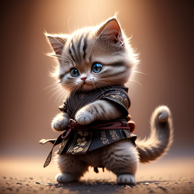 highest quality,Very detailed,Realistic,photoRealistic:1.37),空手着を着たた毛むくじゃらのCat,Adorable,soft,fuzzy,Playful,Expressive blue eyes,small, rounded body,Small feet、He is doing a Seikentsuki (a punch with a punch),Vibrant colors,Warm lighting,、Cat、Are standing、