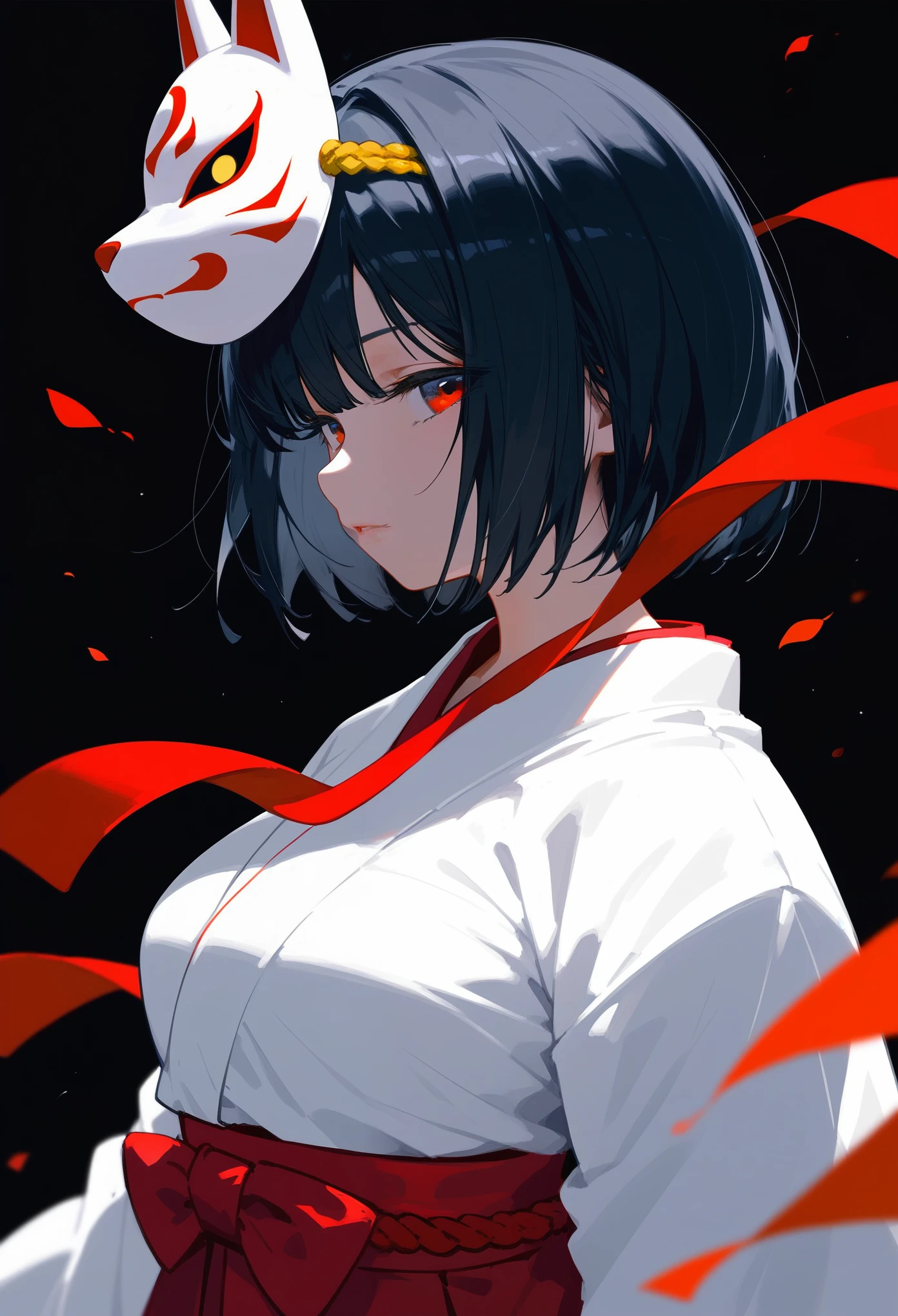 score_9, score_8_up, score_7_up, 1girl, short hair, reverse bob cut, black hair, miko, fox mask, mask on, Japanese clothes, kimono, white kosode, white kimono, red hakama skirt, sleeves past wrists, upper body, black background, simple background, masterpiece, Very aesthetic, best quality, white background