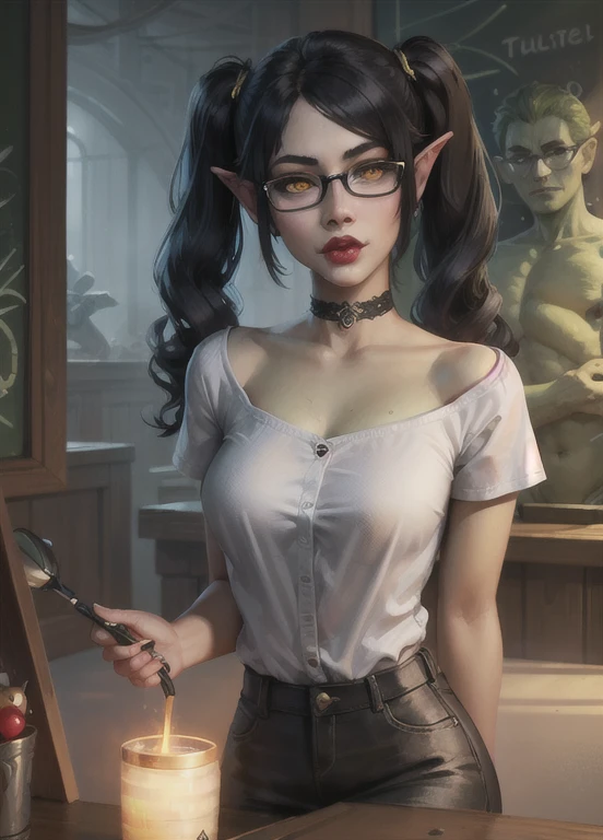 1girl, portrait of shewowgob engineer, green skin, white shirt, choker, glasses, red lips, shortstack, glowing yellow eyes, black hair, twintails, fantasy magic school indoors, volumetric lighting, best quality, masterpiece, intricate details, realistic lora:sxz-goblins-v2:0.8