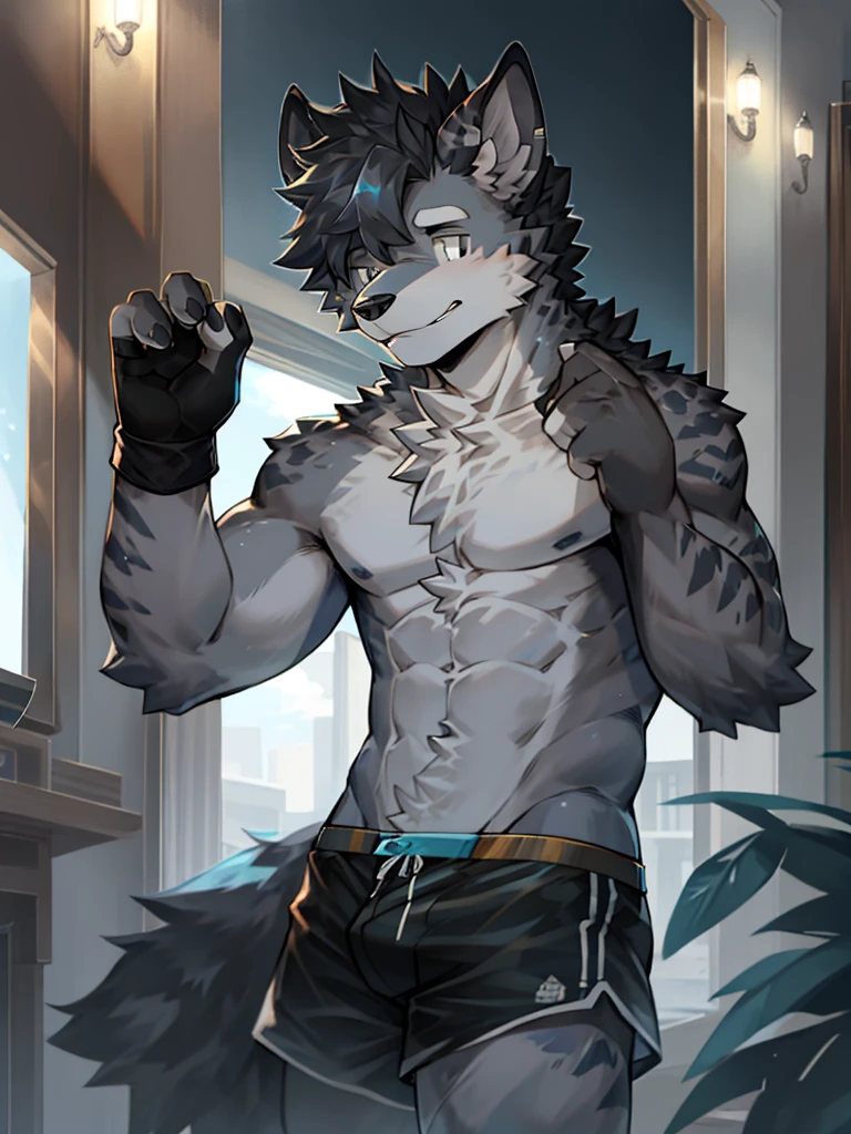 Hyena Boy,Gray fur,Topless, mammal, hairy,Gray Eyes,upscale hotel,Blue and black gradient swimming trunks quality,black fingerless gloves