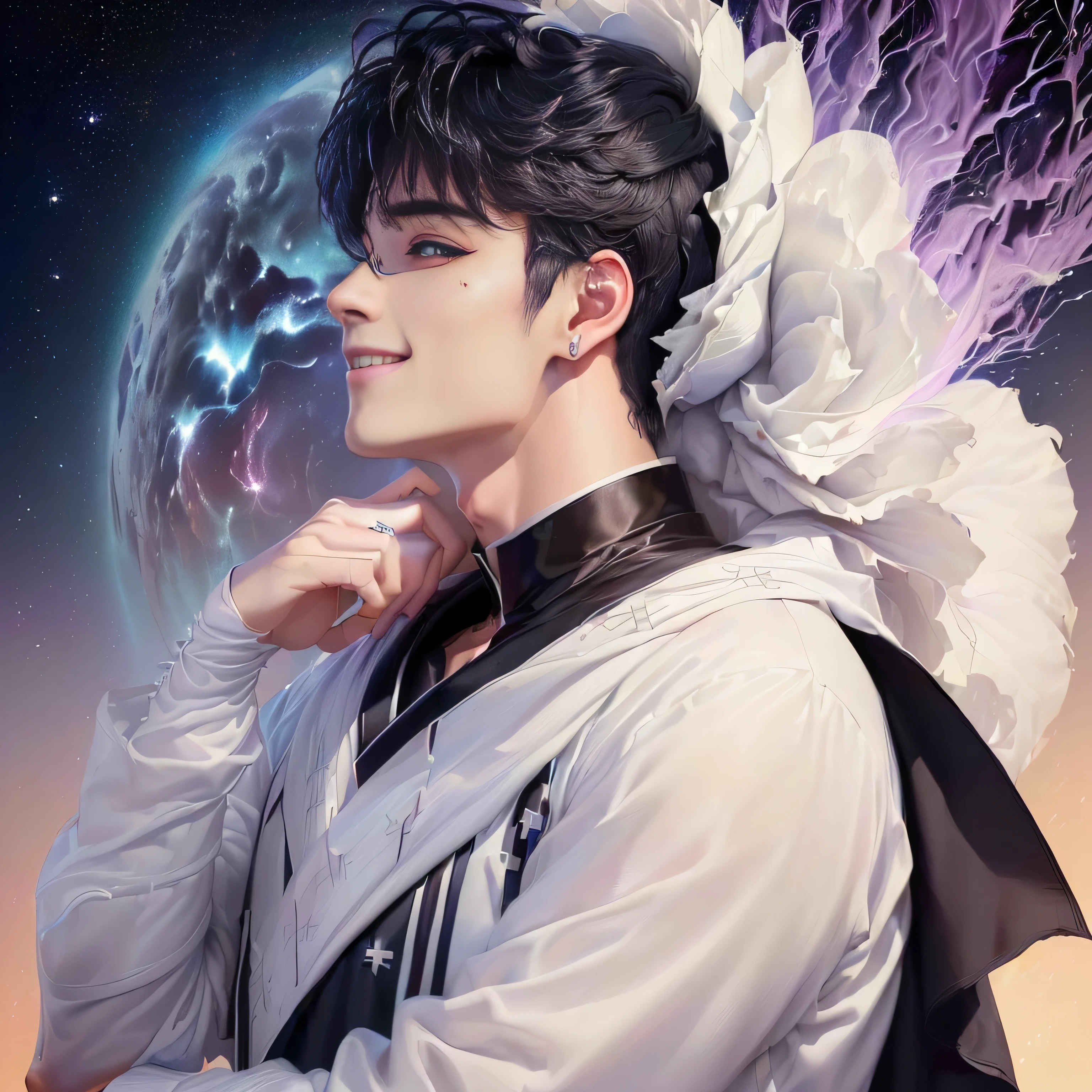 (((Close do rosto))), (((Imagem da face de um homem de 20 anos muito bonito, o homem mais bonito do mundo!!, he is the god of beauty!!, he is tall he is 1.92 metros de altura, , estilo anime, astro de k-pop,))), (((hair is short straight black))), (((His skin is very white like milk, pele branca como a de um vampiro))), (((Olhos grandes e dourados, inspired by manga and anime!!)), (((inspirado em Cha Eun-woo do grupo de Kpop Astro!! Inspirado em V do BTS!!))), (((Inspirado em Cha Eunwoo do grupo de Kpop Astro))), ((He is smiling sensually)), ((image is a work of art, perfeita, 8k, 4k, best master piece)), (((profile face looking up contemplating the sky)))