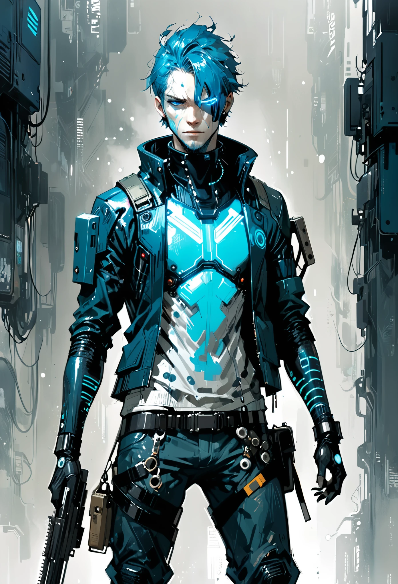 (in style of Ashley Wood:1.4),{in style Harry Clark:0.5},Character concept design,Cyberpunk style male character,Details: glowing dodgerblue eyes,Textured Skin,Gorgeous Clothing