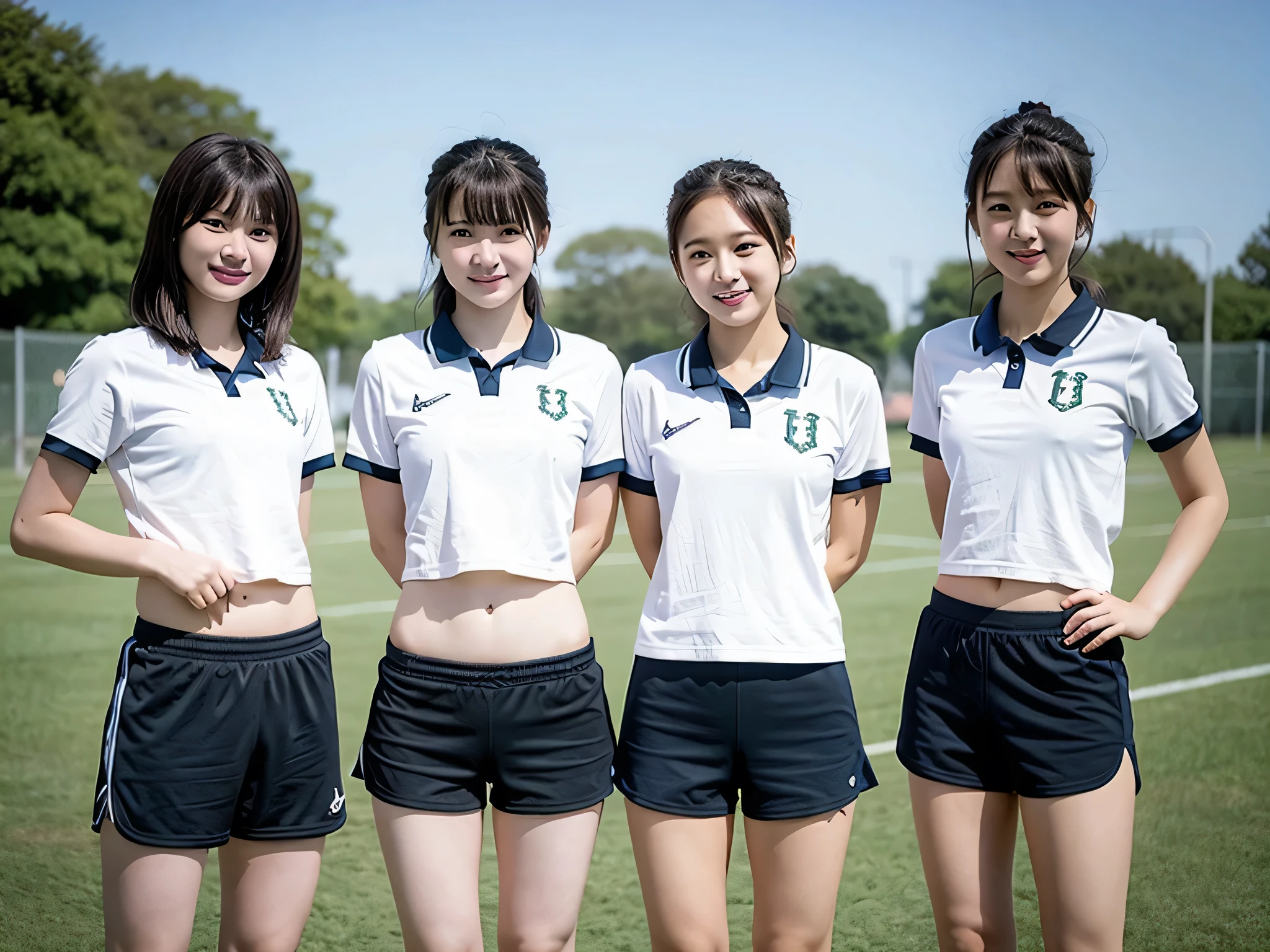 Three girls doing athletics,Wearing an athletics uniform、Play sports often、Bloomers、Compression shorts,18-year-old,bangs,A small smile,Thighs,knees,Shortcuts,From below,Front light、short hair
