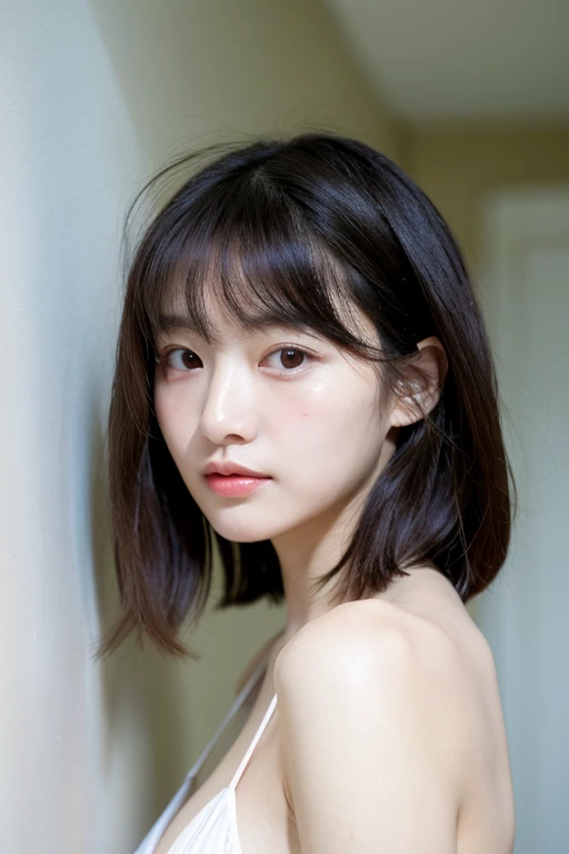 Real, Best Quality, Girl, ish Adult Beauty, High Resolution, Natural Skin, Portrait, Looking at Camera, Photo_Light, {{}}, Ulzzang-6500-v1.1:0.8 Facing forward, standing upright, no makeup, in front of an inorganic white wall indoors, string bikini, eyes wide.