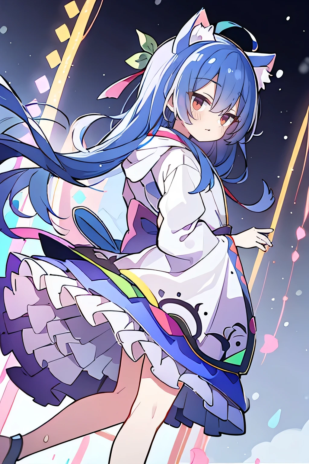 （masterpiece：1.2），Super detailed，lifelike，Expressive eyes，fair skin，perfect face shape，1 girl，
Japanese comics,Gorgeous blue hair,flowing blue hair,flowing clothes,Cat ears,Petals fall,beautiful lola,Baby Angel,
Shaking head with one hand，Cross your legs，Gentle and peaceful background，The pavilion is cool and comfortable,smile, wearing hoodie, background of tokyo,back views,snowing, winter.